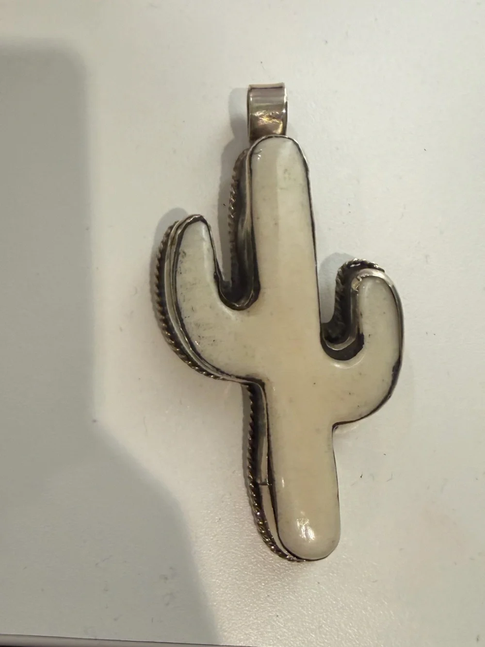 Handcrafted White Cactus Pendant - carved bone and sterling silver